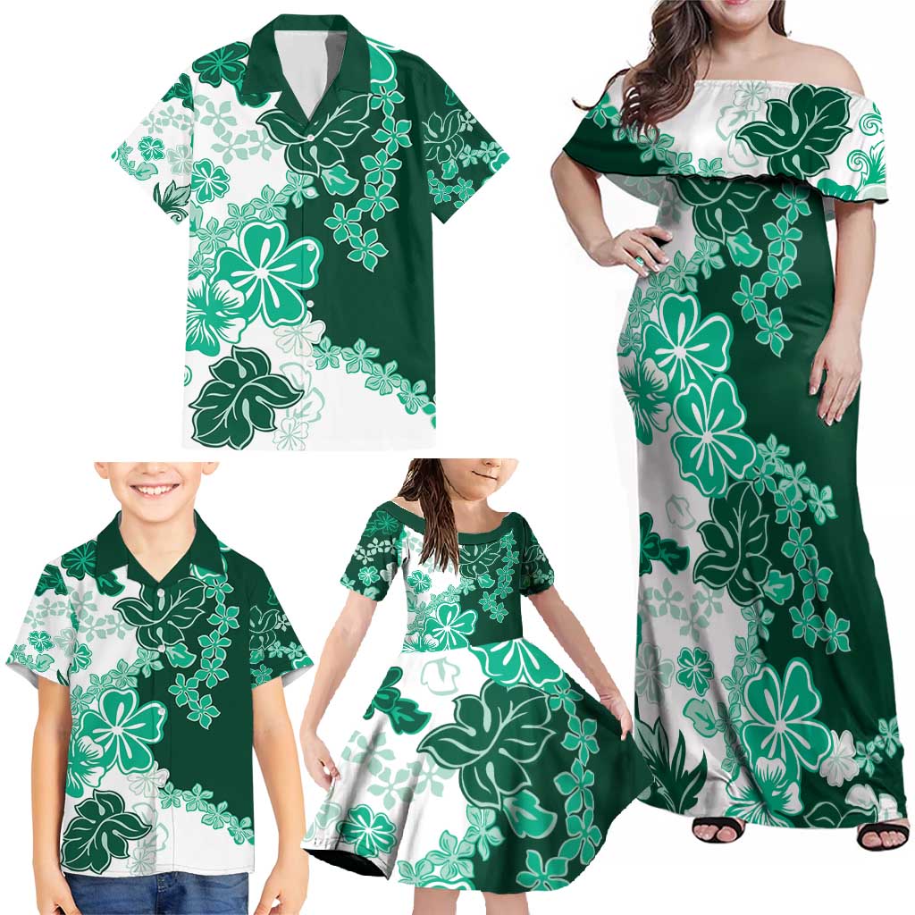 Green Hibiscus Plumeria Floral Family Matching Off Shoulder Maxi Dress and Hawaiian Shirt LT01 - Polynesian Pride