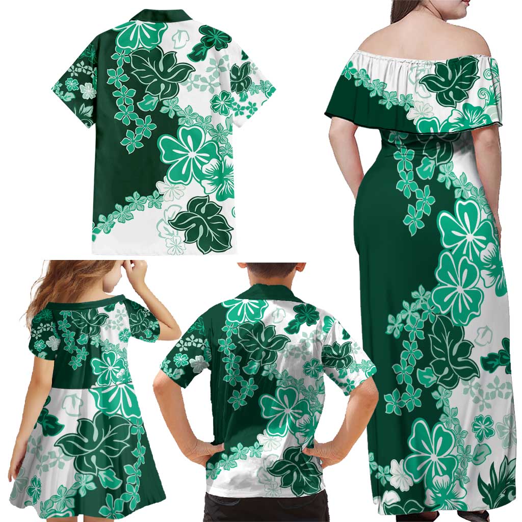 Green Hibiscus Plumeria Floral Family Matching Off Shoulder Maxi Dress and Hawaiian Shirt LT01 - Polynesian Pride