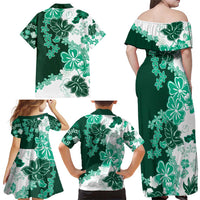 Green Hibiscus Plumeria Floral Family Matching Off Shoulder Maxi Dress and Hawaiian Shirt LT01 - Polynesian Pride