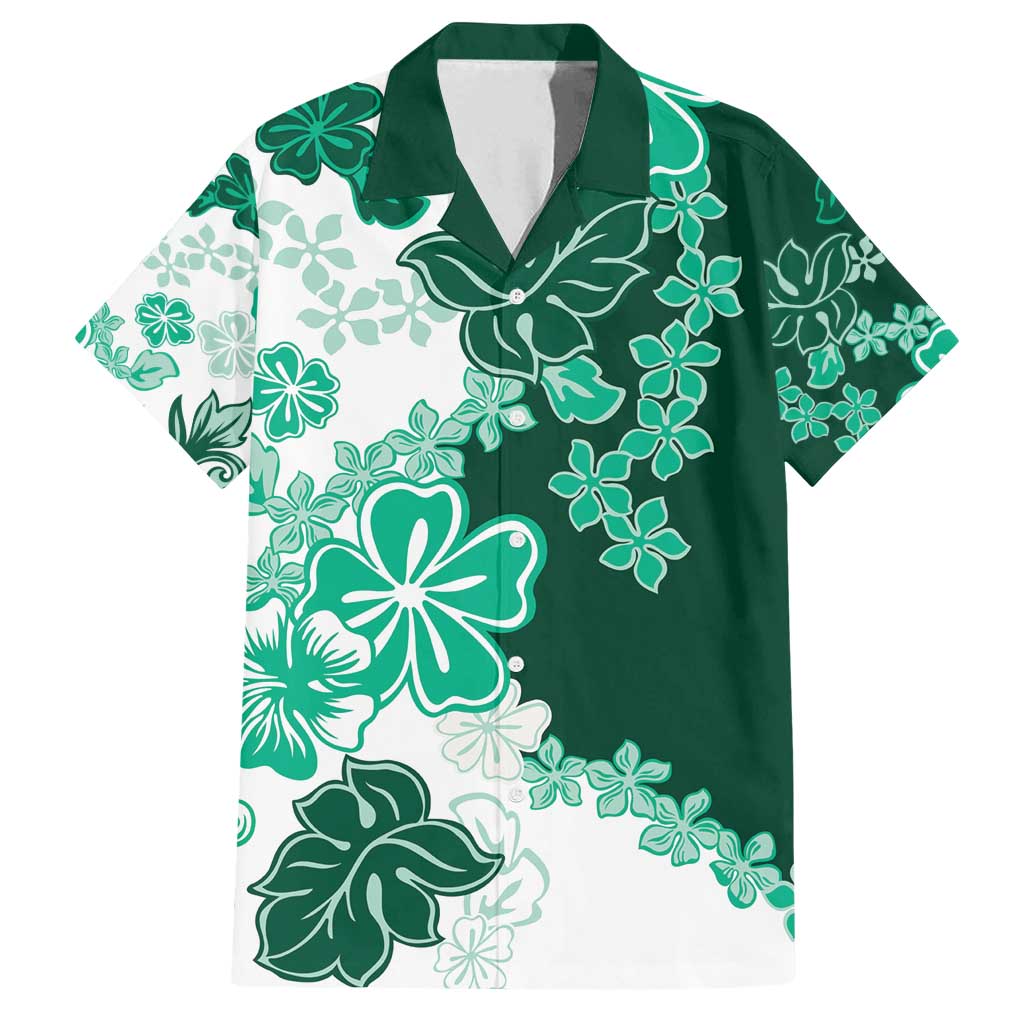 Green Hibiscus Plumeria Floral Family Matching Off Shoulder Maxi Dress and Hawaiian Shirt LT01 Dad's Shirt - Short Sleeve Green - Polynesian Pride