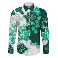 Green Hibiscus Plumeria Floral Family Matching Off Shoulder Maxi Dress and Hawaiian Shirt LT01 Dad's Shirt - Long Sleeve Green - Polynesian Pride