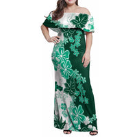 Green Hibiscus Plumeria Floral Family Matching Off Shoulder Maxi Dress and Hawaiian Shirt LT01 Mom's Dress Green - Polynesian Pride