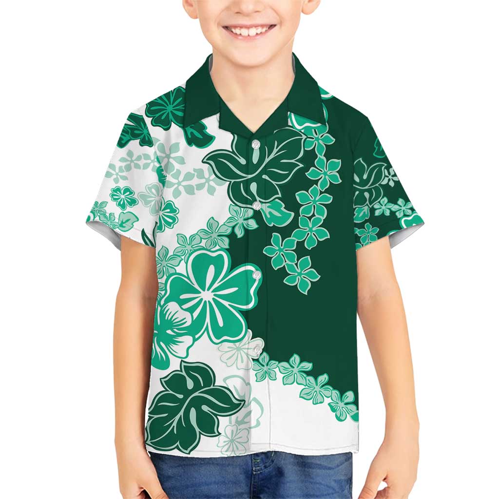 Green Hibiscus Plumeria Floral Family Matching Off Shoulder Maxi Dress and Hawaiian Shirt LT01 Son's Shirt Green - Polynesian Pride