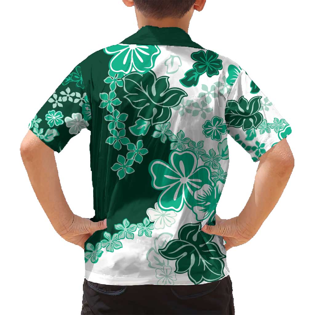 Green Hibiscus Plumeria Floral Family Matching Off Shoulder Short Dress and Hawaiian Shirt - Polynesian Pride