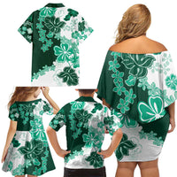 Green Hibiscus Plumeria Floral Family Matching Off Shoulder Short Dress and Hawaiian Shirt - Polynesian Pride