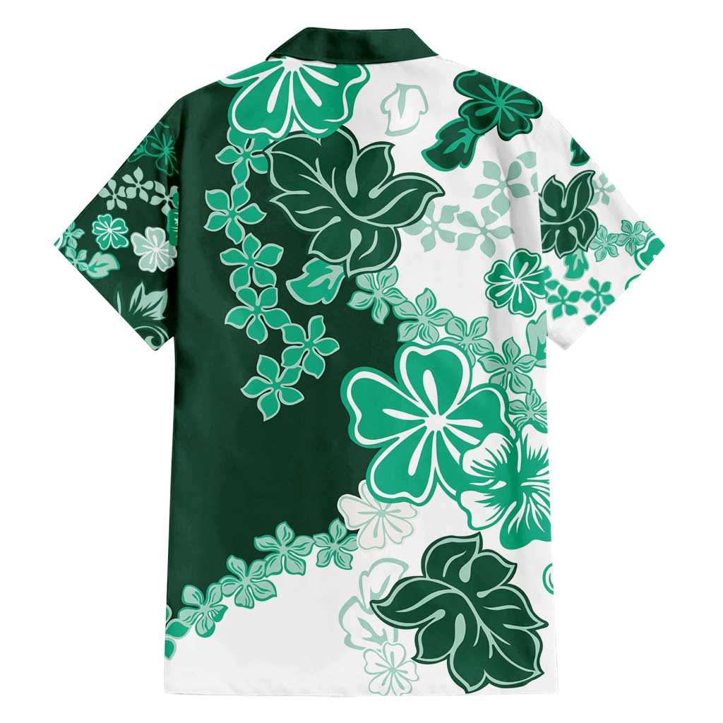 Green Hibiscus Plumeria Floral Family Matching Off Shoulder Short Dress and Hawaiian Shirt - Polynesian Pride
