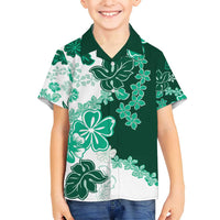 Green Hibiscus Plumeria Floral Family Matching Off Shoulder Short Dress and Hawaiian Shirt - Polynesian Pride