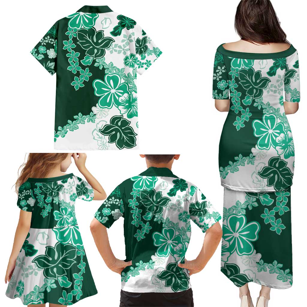 Green Hibiscus Plumeria Floral Family Matching Puletasi and Hawaiian Shirt - Polynesian Pride