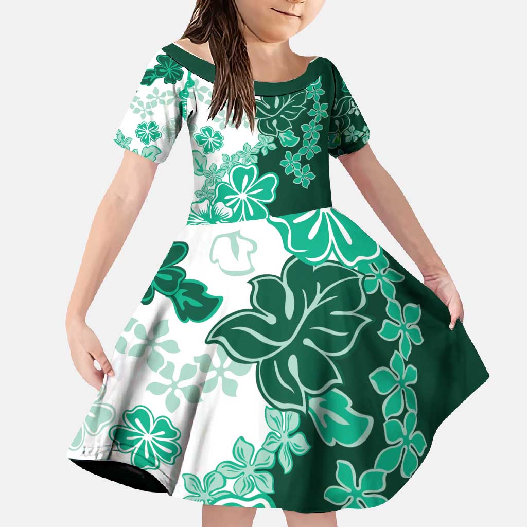 Green Hibiscus Plumeria Floral Family Matching Short Sleeve Bodycon Dress and Hawaiian Shirt LT01 Daughter's Dress Green - Polynesian Pride