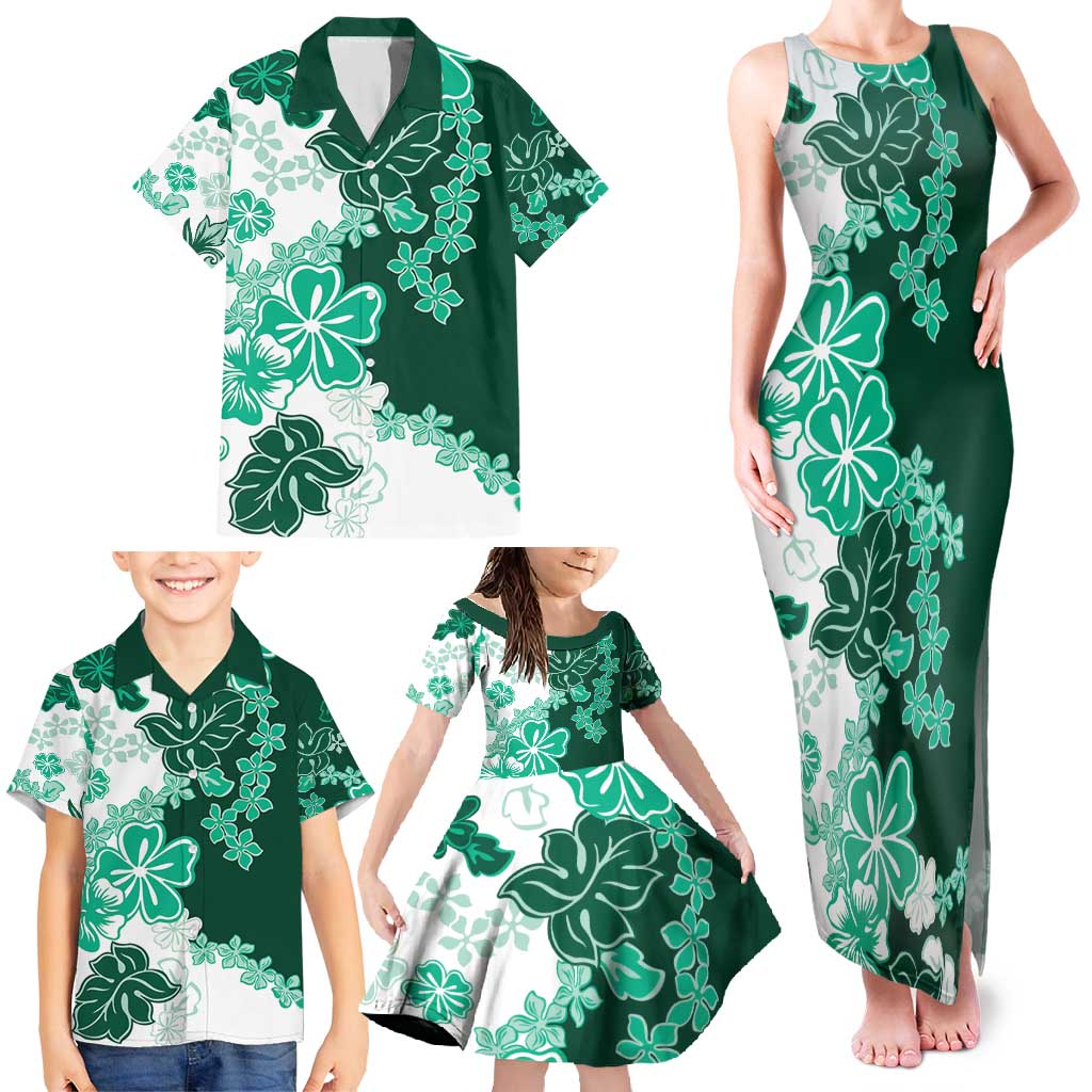 Green Hibiscus Plumeria Floral Family Matching Tank Maxi Dress and Hawaiian Shirt LT01 - Polynesian Pride