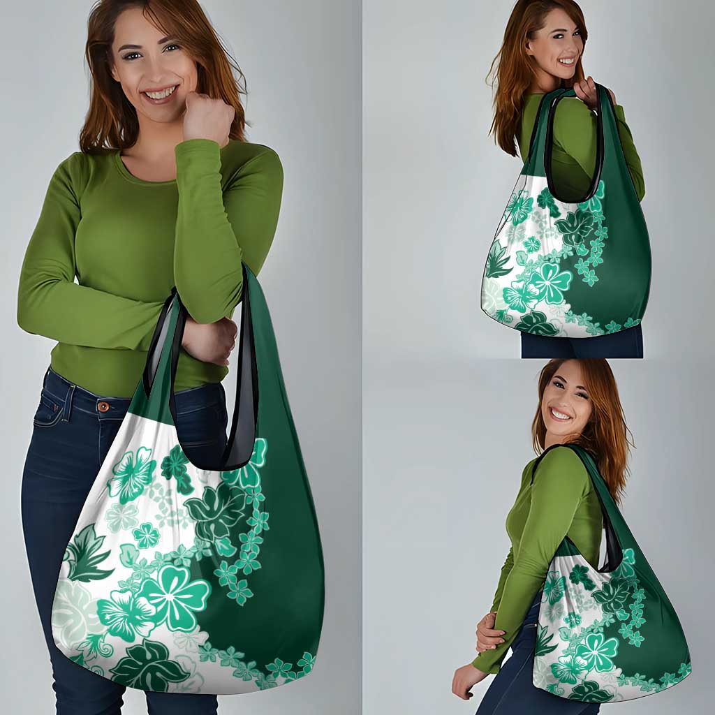Green Hibiscus Plumeria Floral Grocery Bag - Polynesian Pride