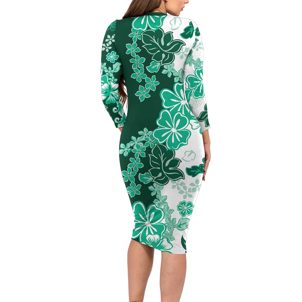 Green Hibiscus Plumeria Floral Long Sleeve Bodycon Dress LT01 - Polynesian Pride