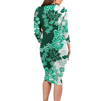 Green Hibiscus Plumeria Floral Long Sleeve Bodycon Dress LT01 - Polynesian Pride