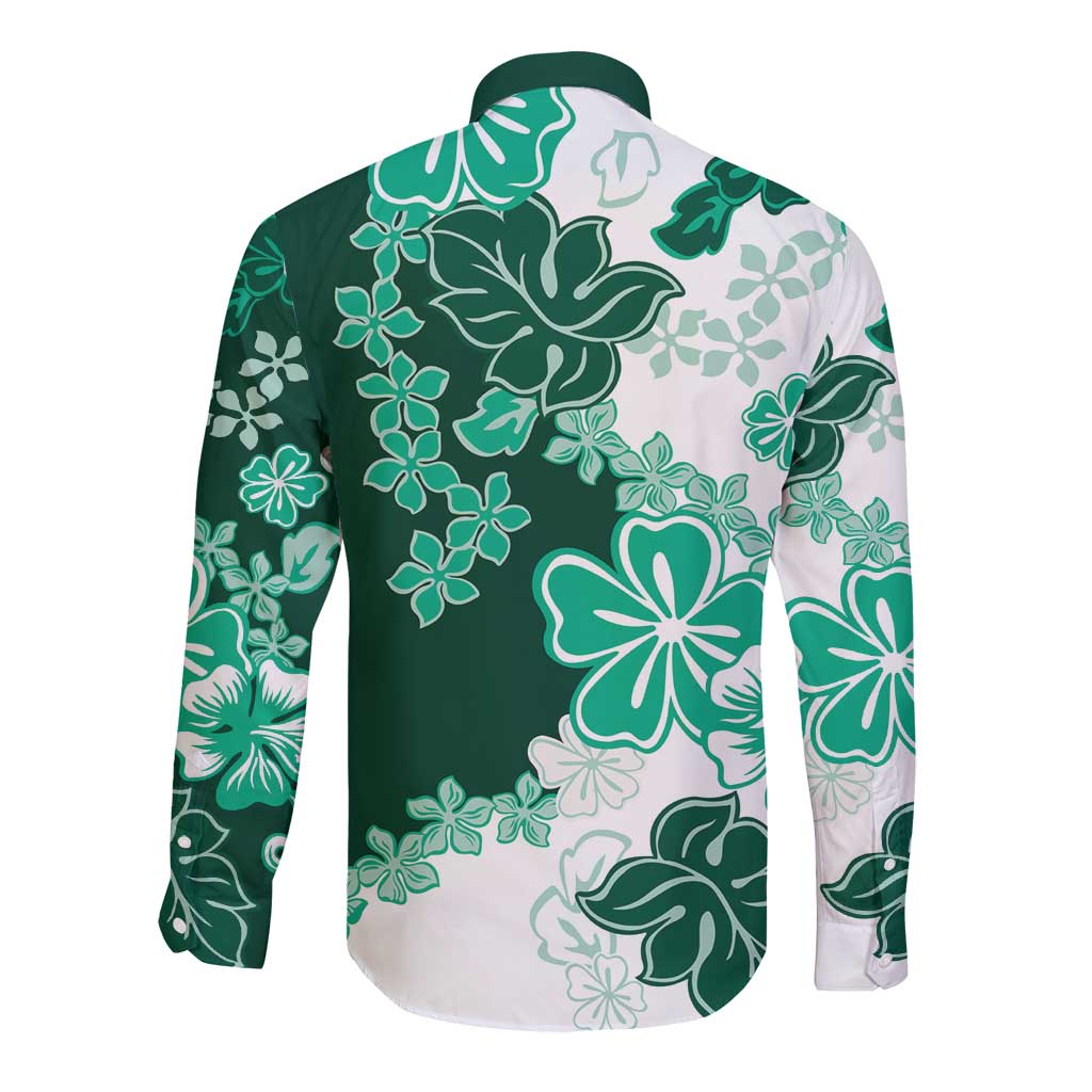 Green Hibiscus Plumeria Floral Long Sleeve Button Shirt - Polynesian Pride