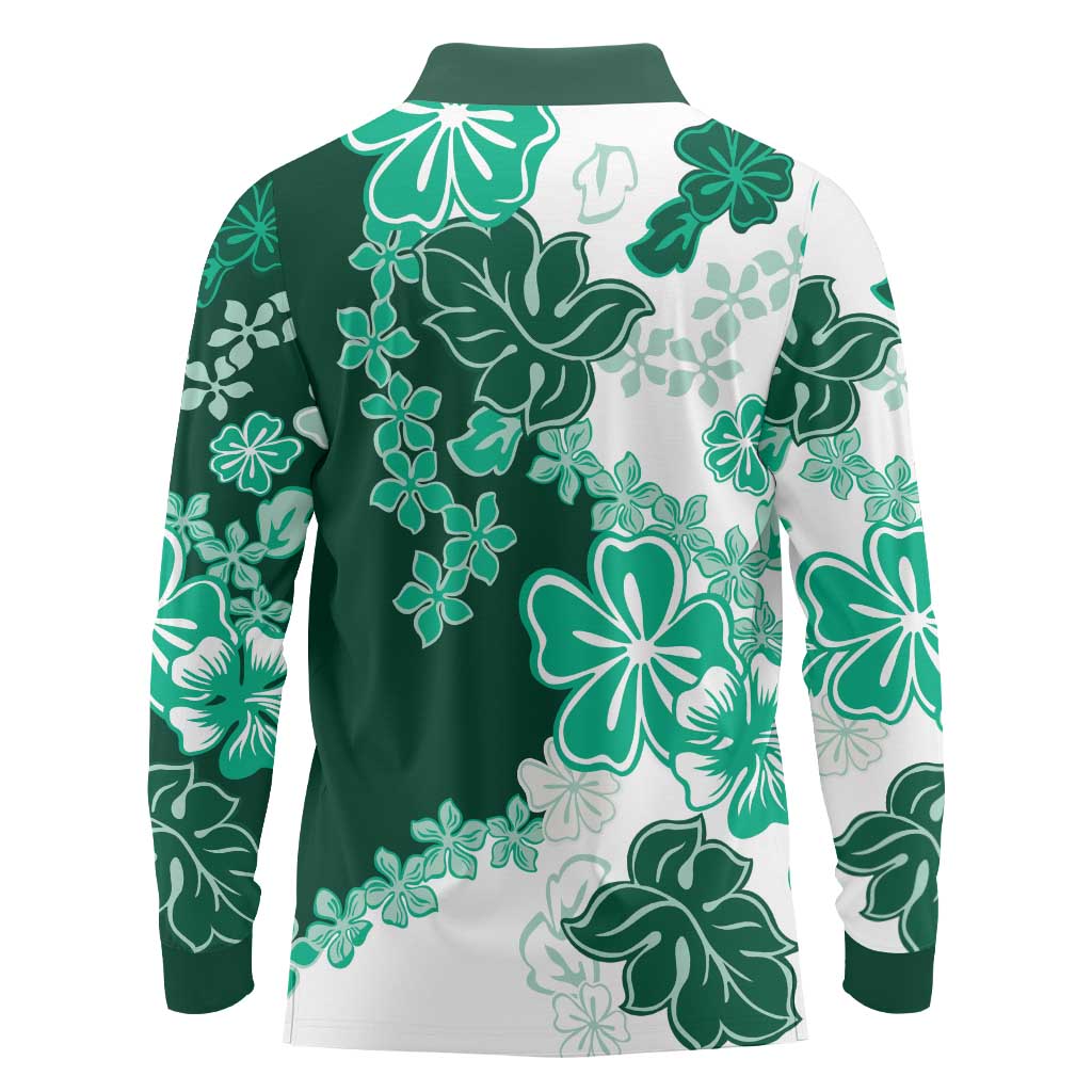 Green Hibiscus Plumeria Floral Long Sleeve Polo Shirt - Polynesian Pride