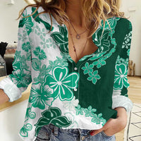 Green Hibiscus Plumeria Floral Women Casual Shirt - Polynesian Pride
