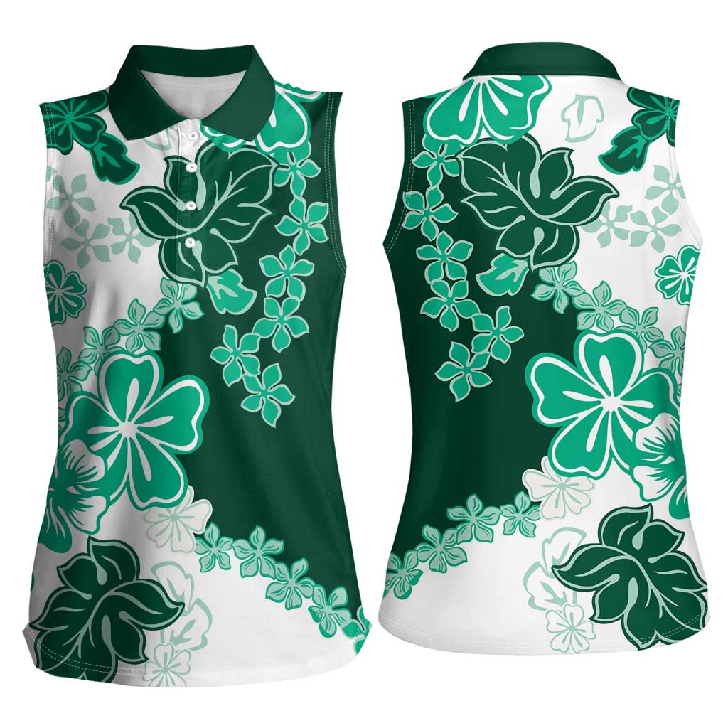 Green Hibiscus Plumeria Floral Women Sleeveless Polo Shirt - Polynesian Pride