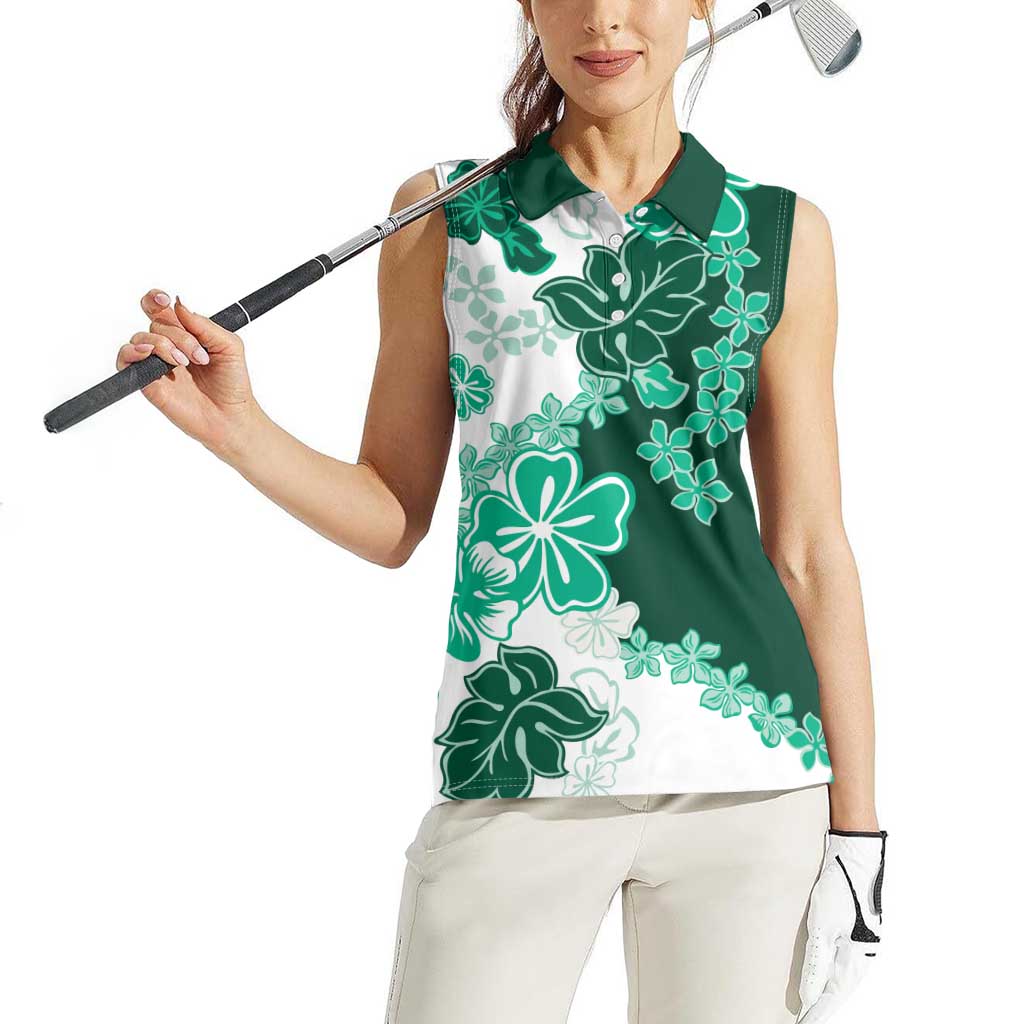 Green Hibiscus Plumeria Floral Women Sleeveless Polo Shirt - Polynesian Pride