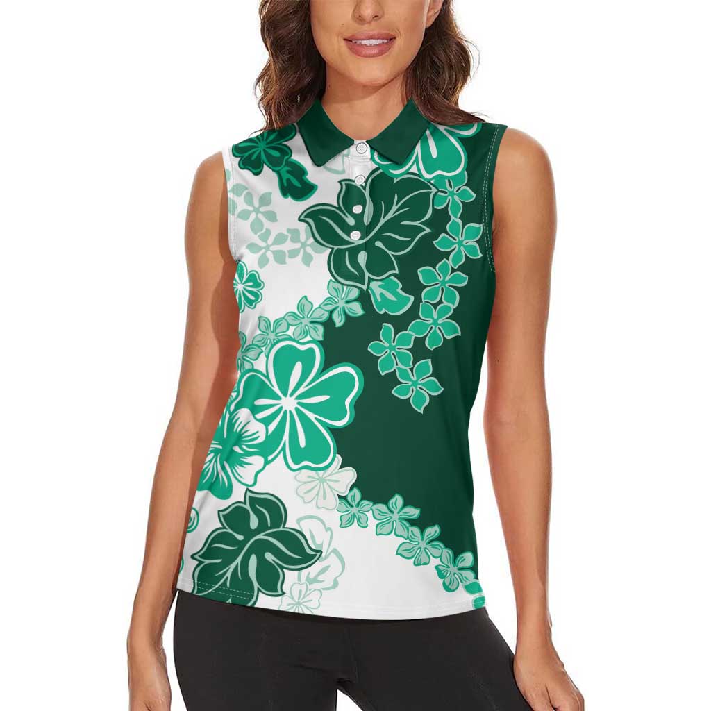 Green Hibiscus Plumeria Floral Women Sleeveless Polo Shirt - Polynesian Pride