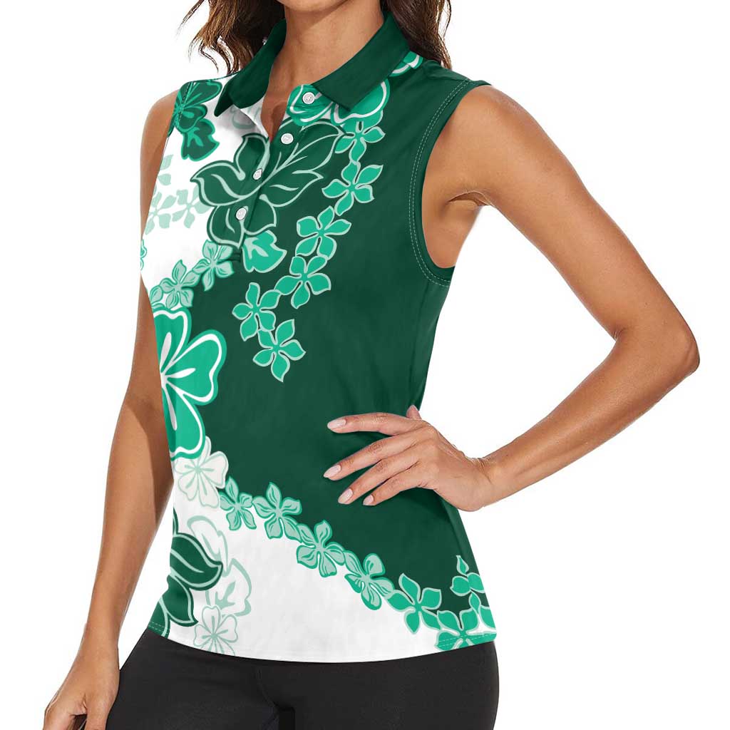 Green Hibiscus Plumeria Floral Women Sleeveless Polo Shirt - Polynesian Pride