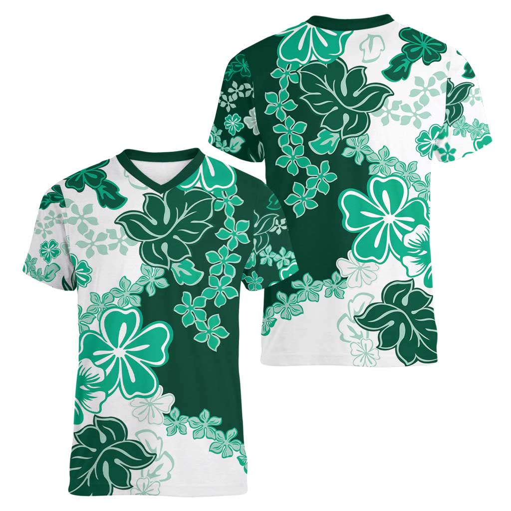 Green Hibiscus Plumeria Floral Women V-Neck T-Shirt - Polynesian Pride