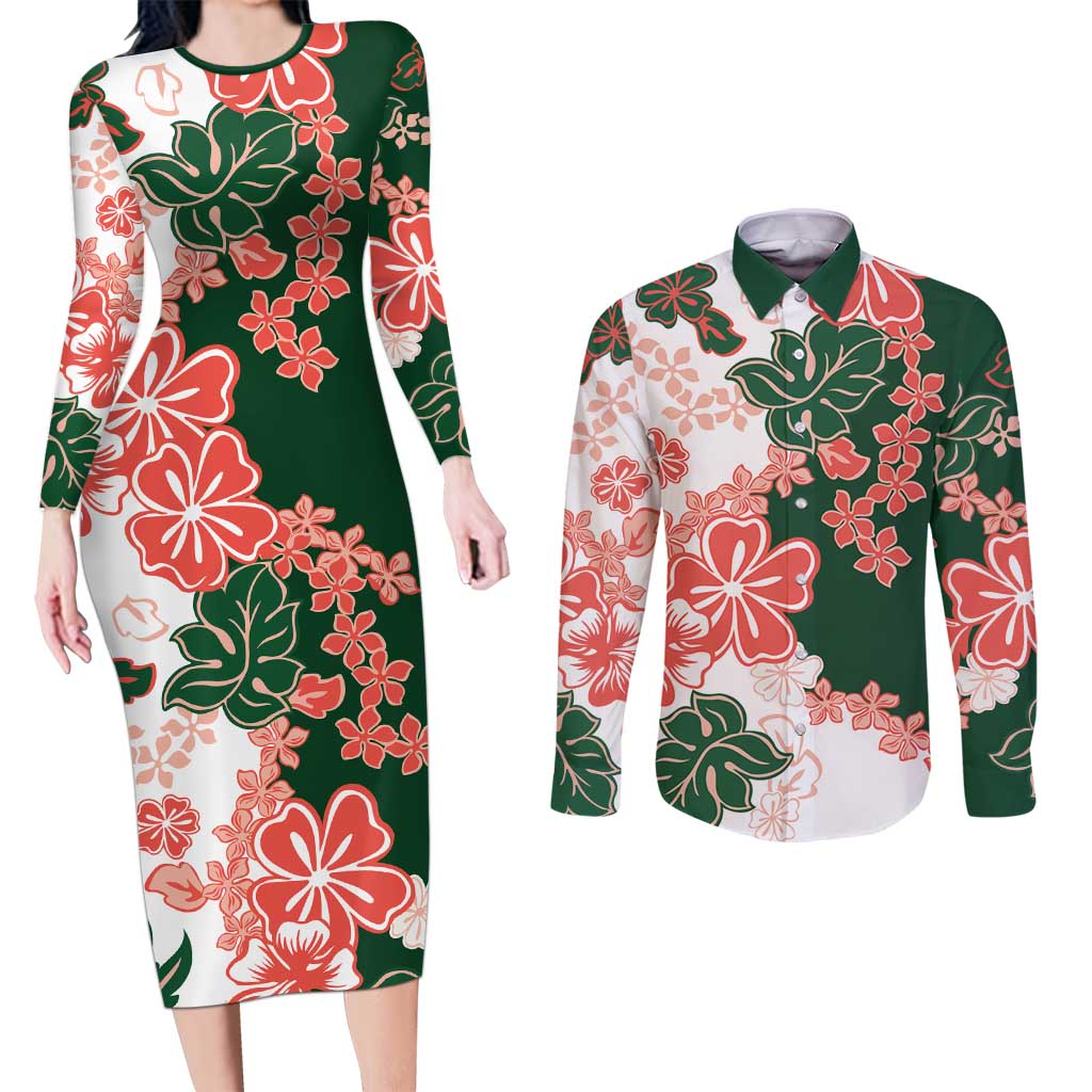 Green Orange Hibiscus Plumeria Floral Couples Matching Long Sleeve Bodycon Dress and Long Sleeve Button Shirt - Polynesian Pride