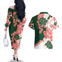 Green Orange Hibiscus Plumeria Floral Couples Matching Off The Shoulder Long Sleeve Dress and Hawaiian Shirt - Polynesian Pride