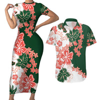 Green Orange Hibiscus Plumeria Floral Couples Matching Short Sleeve Bodycon Dress and Hawaiian Shirt - Polynesian Pride