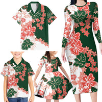Green Orange Hibiscus Plumeria Floral Family Matching Long Sleeve Bodycon Dress and Hawaiian Shirt LT01 - Polynesian Pride