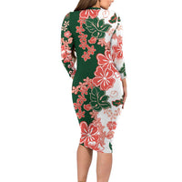 Green Orange Hibiscus Plumeria Floral Family Matching Long Sleeve Bodycon Dress and Hawaiian Shirt LT01 - Polynesian Pride