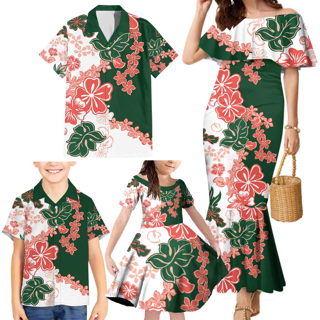 Green Orange Hibiscus Plumeria Floral Family Matching Mermaid Dress and Hawaiian Shirt - Polynesian Pride