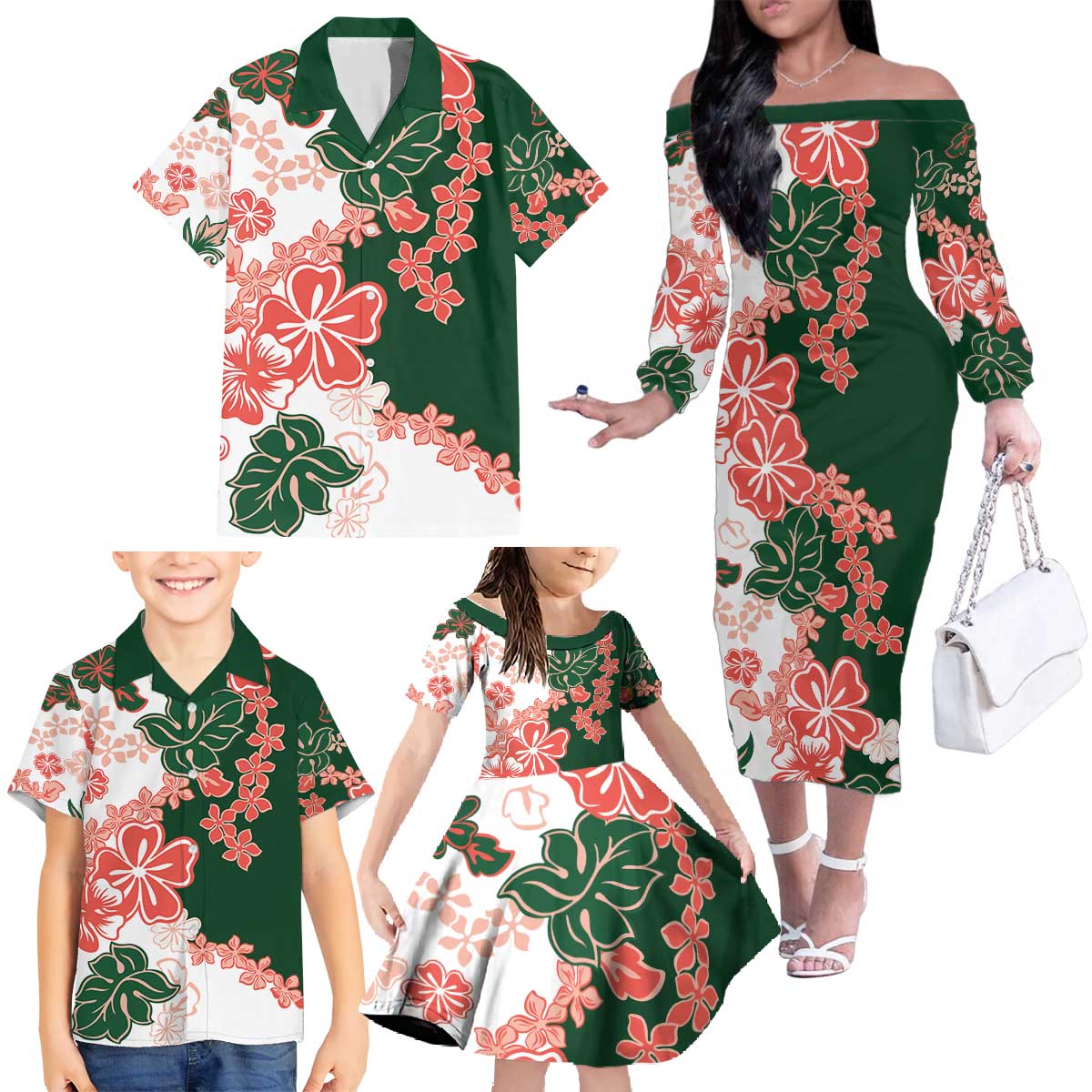 Green Orange Hibiscus Plumeria Floral Family Matching Off The Shoulder Long Sleeve Dress and Hawaiian Shirt - Polynesian Pride