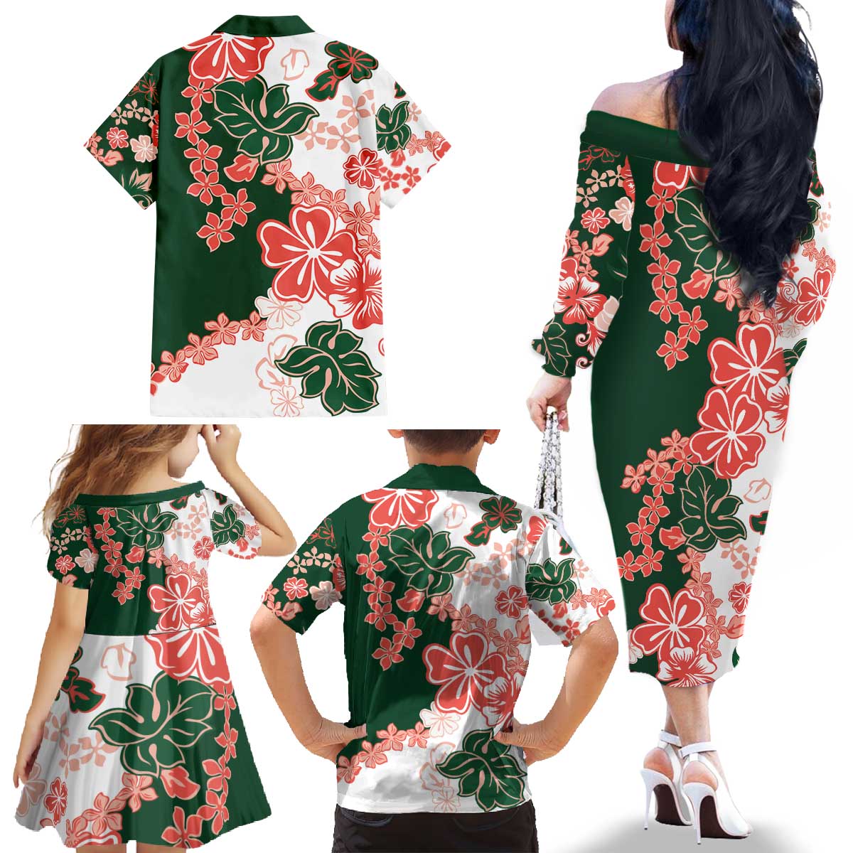 Green Orange Hibiscus Plumeria Floral Family Matching Off The Shoulder Long Sleeve Dress and Hawaiian Shirt - Polynesian Pride
