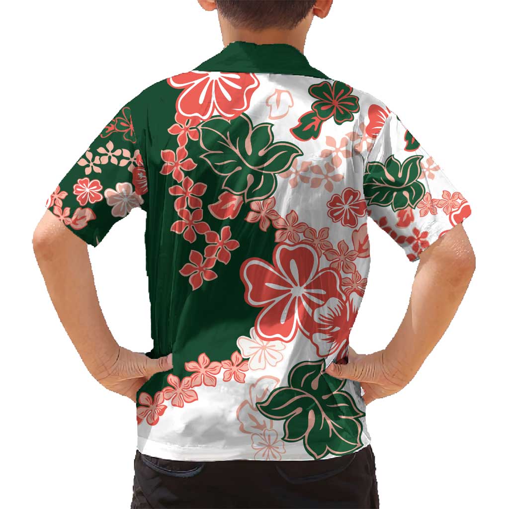 Green Orange Hibiscus Plumeria Floral Family Matching Off Shoulder Short Dress and Hawaiian Shirt - Polynesian Pride