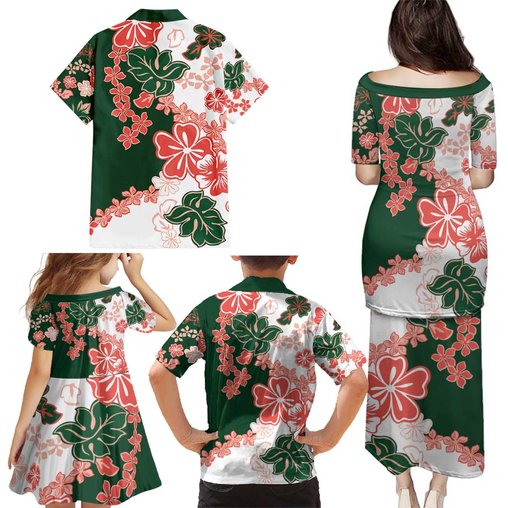 Green Orange Hibiscus Plumeria Floral Family Matching Puletasi and Hawaiian Shirt - Polynesian Pride