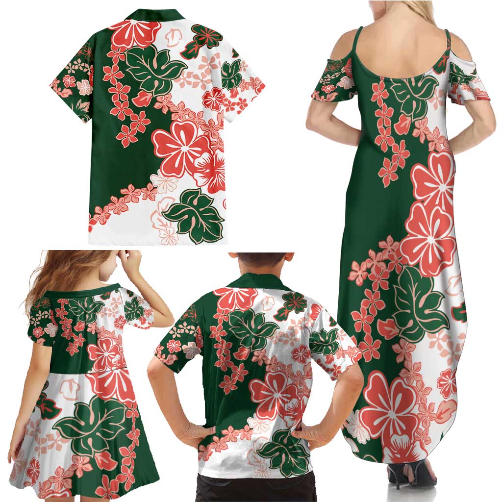 Green Orange Hibiscus Plumeria Floral Family Matching Summer Maxi Dress and Hawaiian Shirt - Polynesian Pride