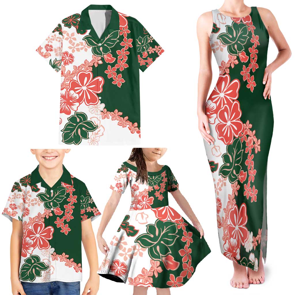 Green Orange Hibiscus Plumeria Floral Family Matching Tank Maxi Dress and Hawaiian Shirt LT01 - Polynesian Pride