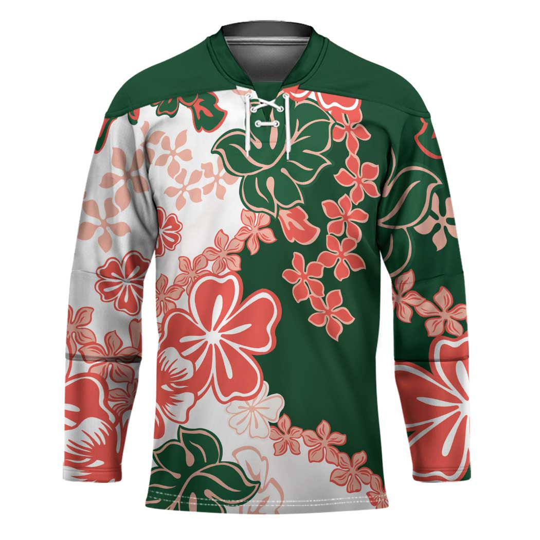 Green Orange Hibiscus Plumeria Floral Hockey Jersey - Polynesian Pride