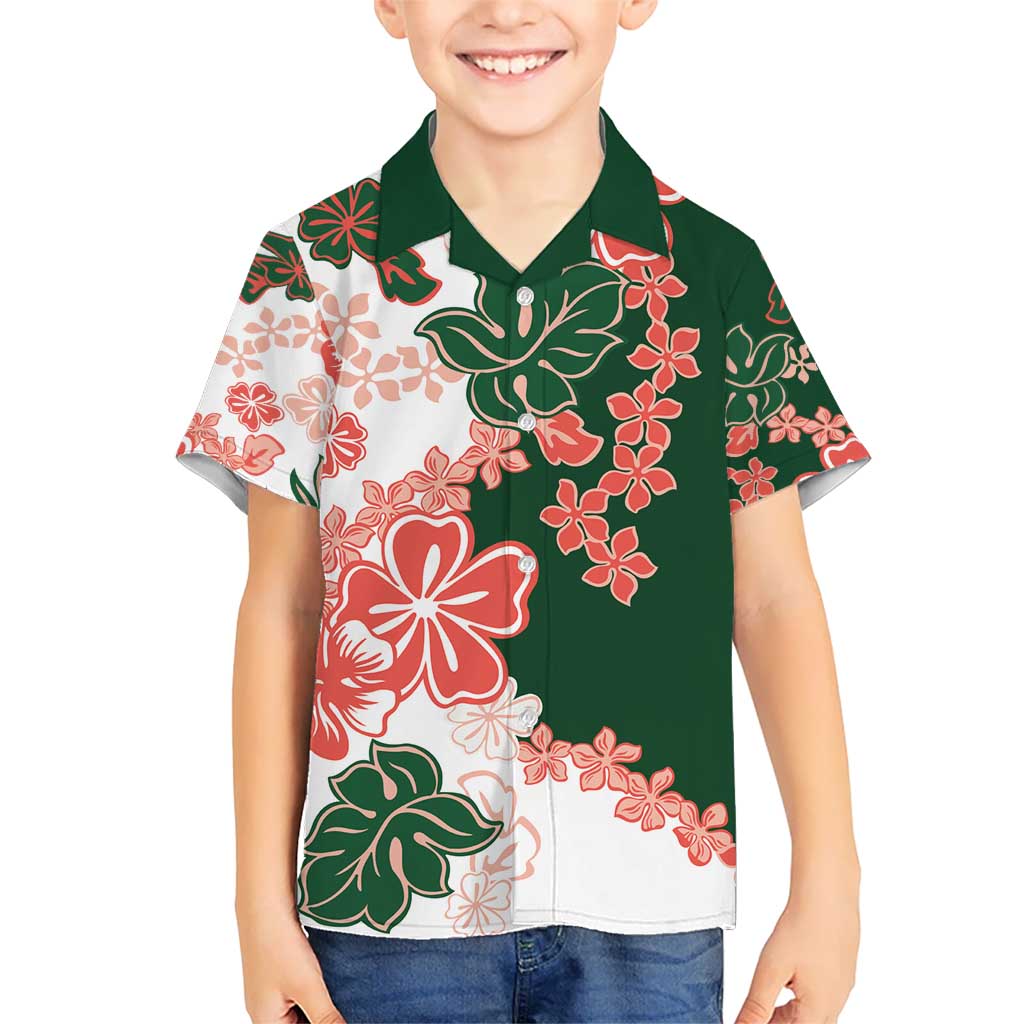 Green Orange Hibiscus Plumeria Floral Kid Hawaiian Shirt - Polynesian Pride