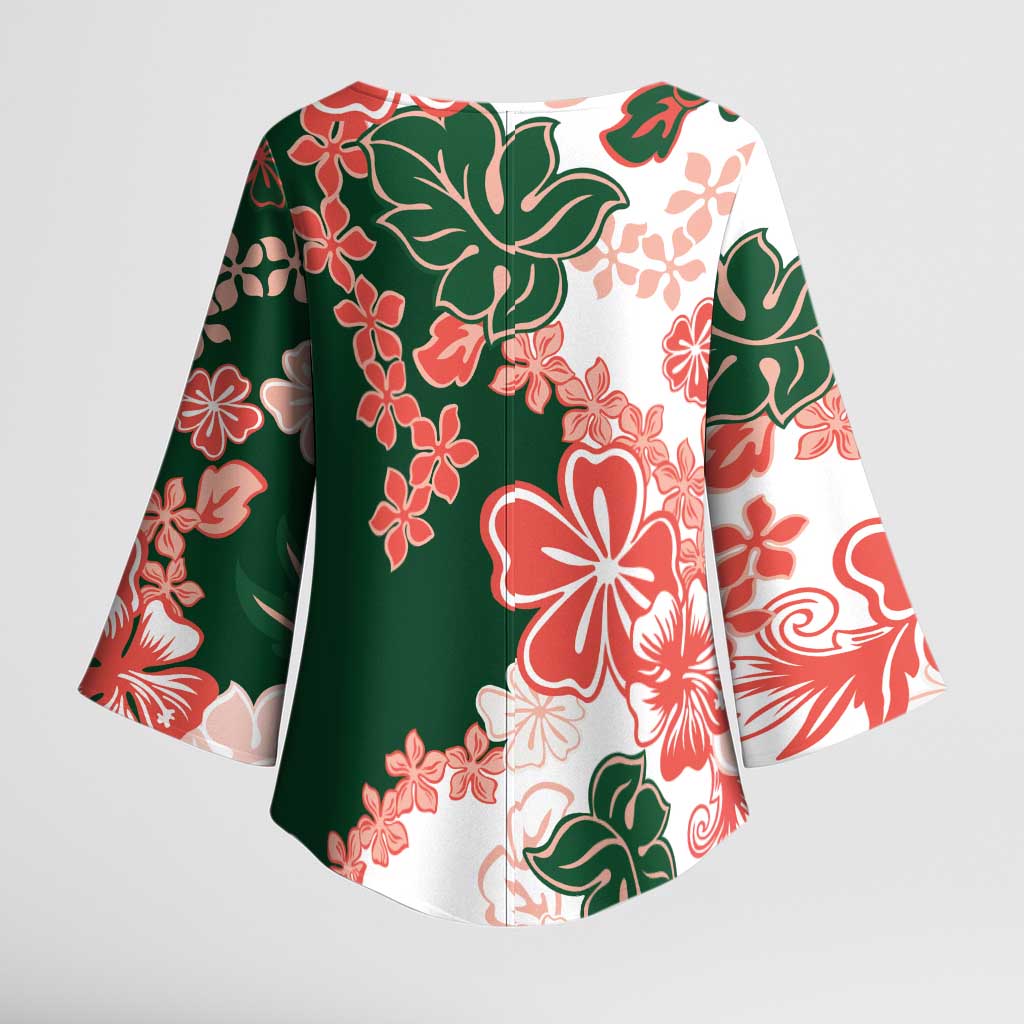 Green Orange Hibiscus Plumeria Floral Kimono Sleeve Blouse - Polynesian Pride