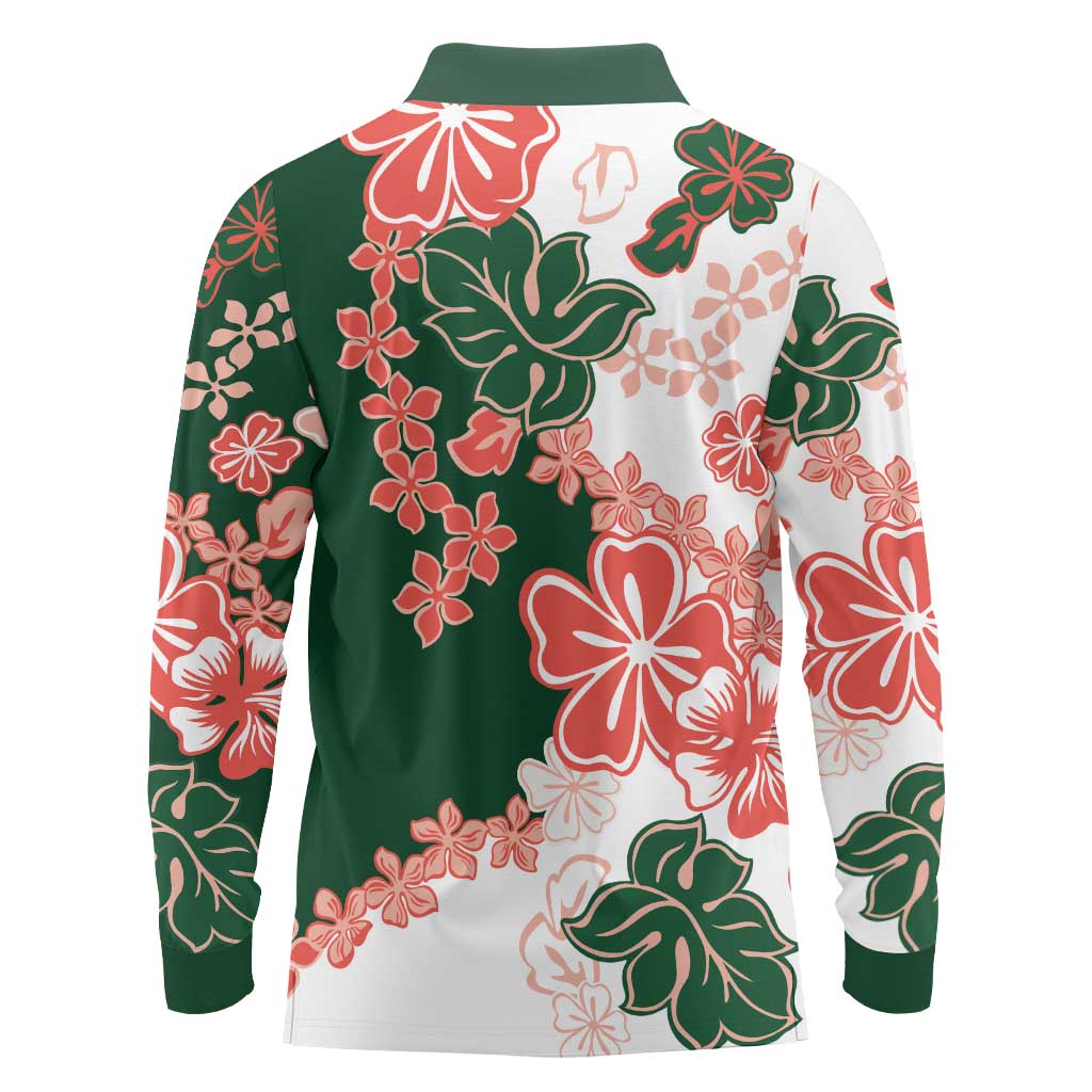 Green Orange Hibiscus Plumeria Floral Long Sleeve Polo Shirt - Polynesian Pride