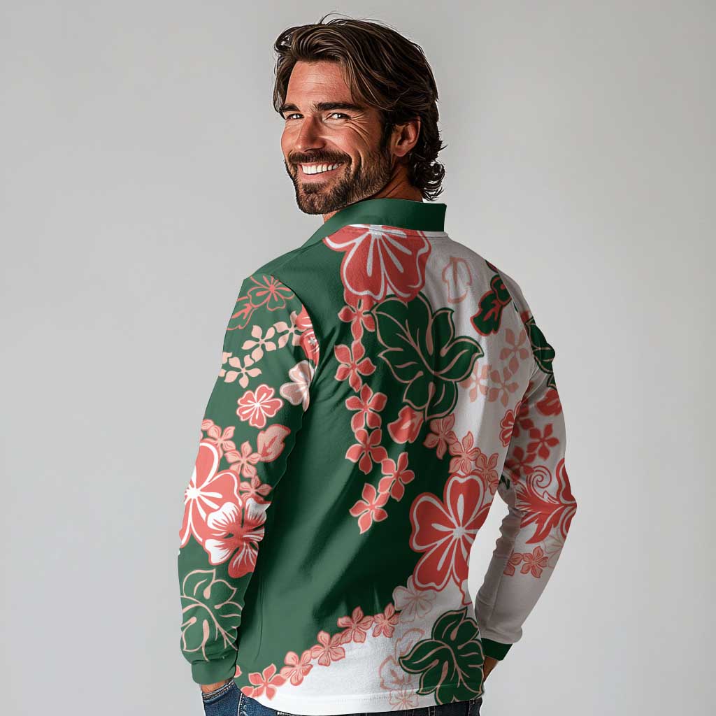 Green Orange Hibiscus Plumeria Floral Long Sleeve Polo Shirt - Polynesian Pride