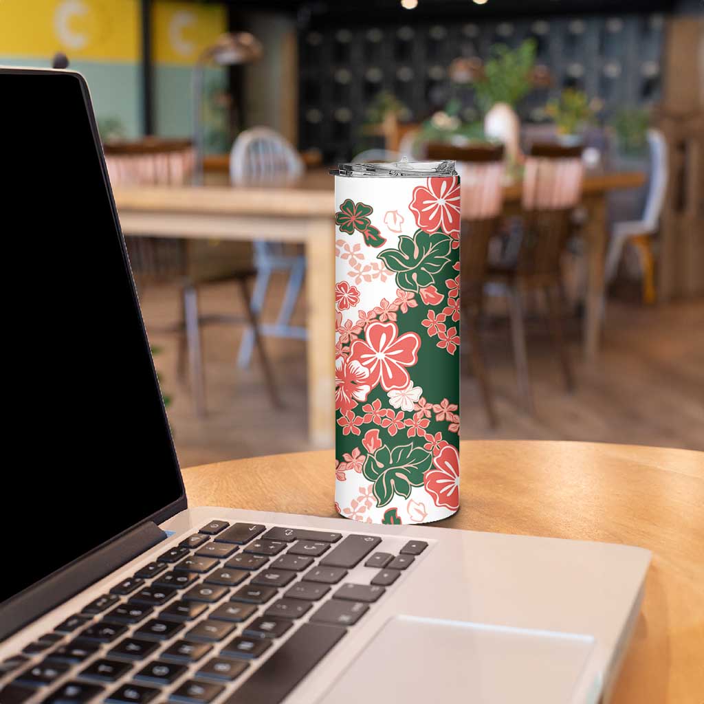 Green Orange Hibiscus Plumeria Floral Skinny Tumbler - Polynesian Pride