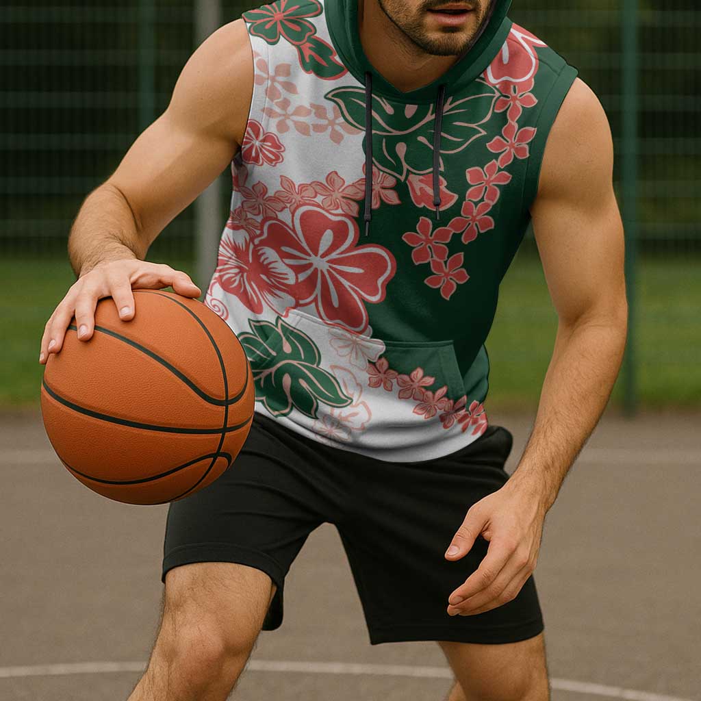 Green Orange Hibiscus Plumeria Floral Sleeveless Hoodie - Polynesian Pride