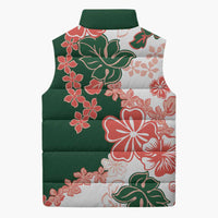 Green Orange Hibiscus Plumeria Floral Sleeveless Puffer Jacket - Polynesian Pride