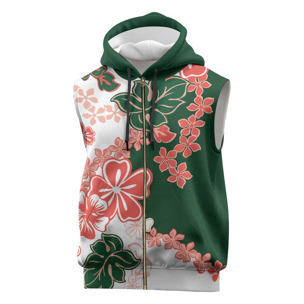 Green Orange Hibiscus Plumeria Floral Sleeveless Zip Hoodie - Polynesian Pride