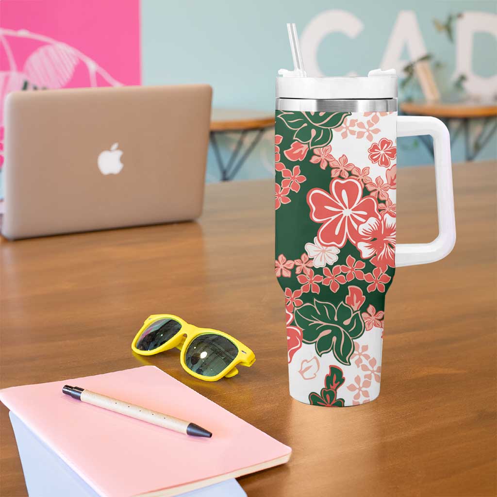 Green Orange Hibiscus Plumeria Floral Tumbler With Handle - Polynesian Pride
