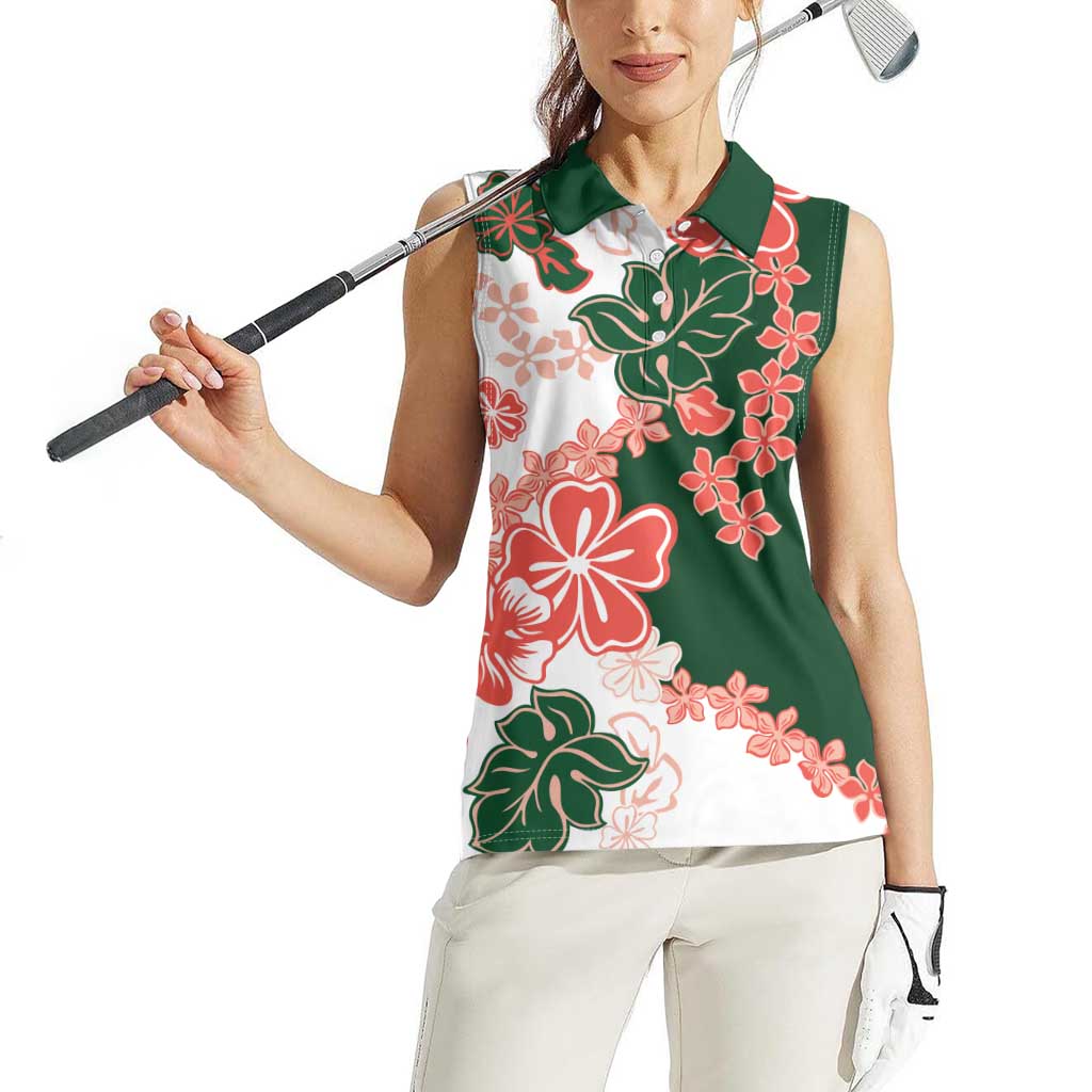 Green Orange Hibiscus Plumeria Floral Women Sleeveless Polo Shirt - Polynesian Pride