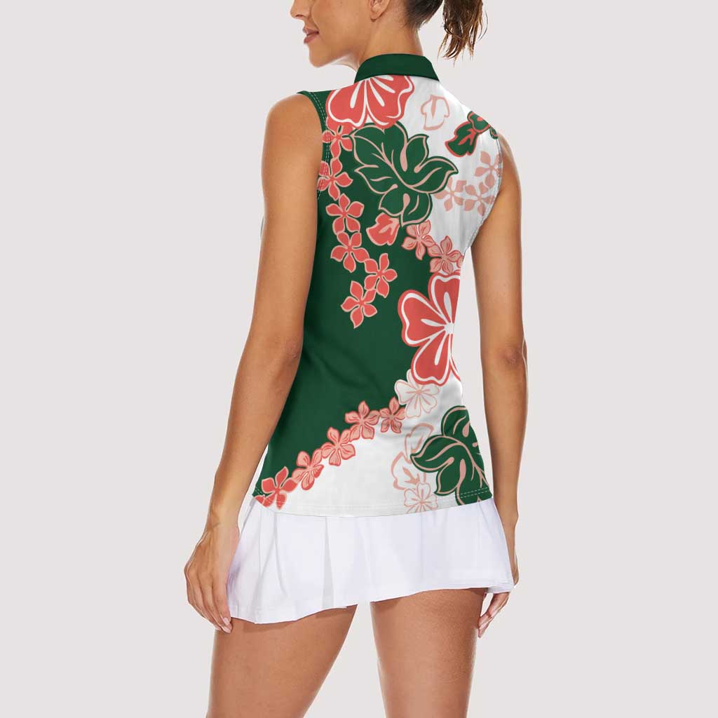 Green Orange Hibiscus Plumeria Floral Women Sleeveless Polo Shirt - Polynesian Pride