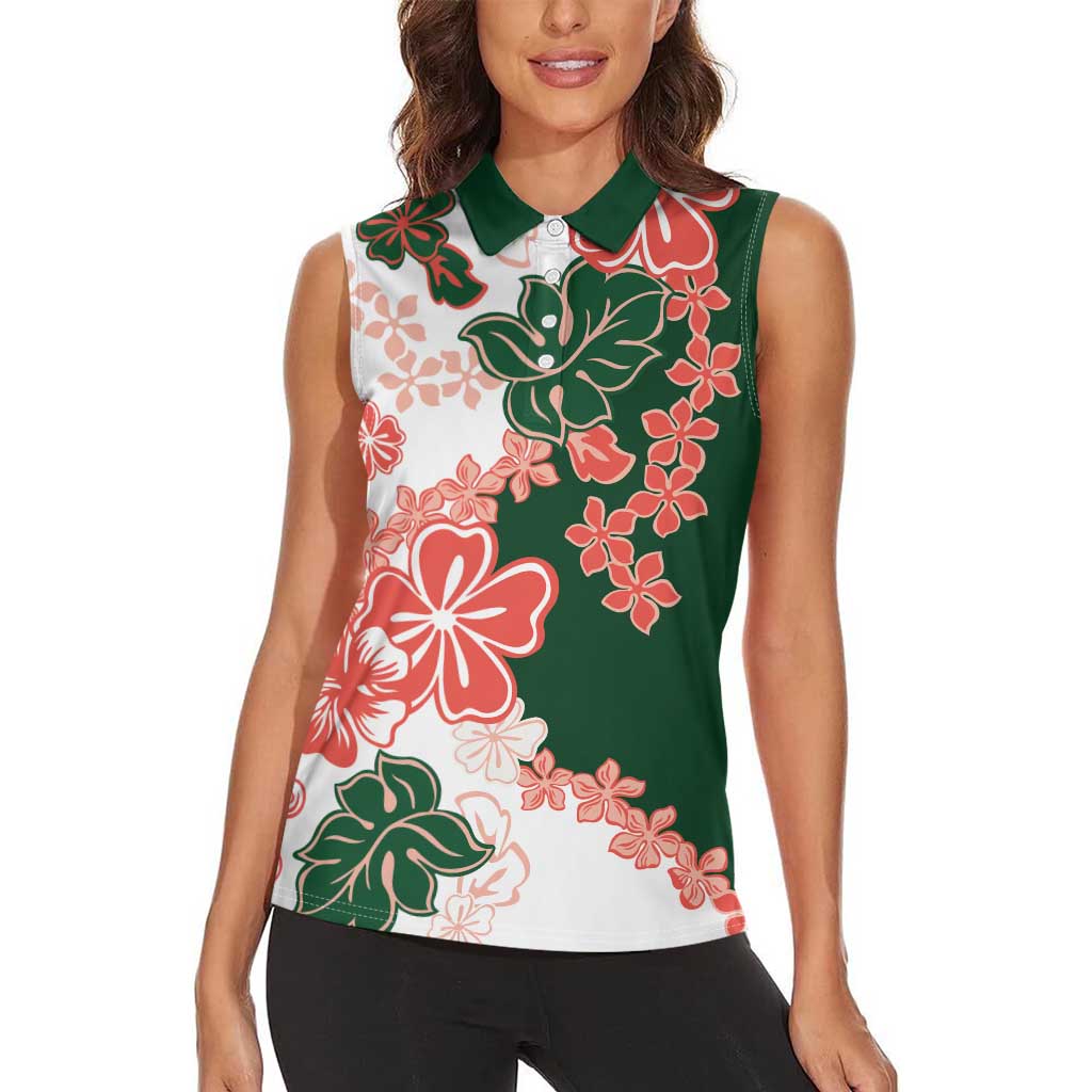 Green Orange Hibiscus Plumeria Floral Women Sleeveless Polo Shirt - Polynesian Pride